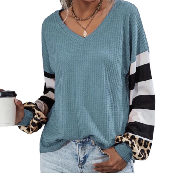 Oversized Waffle Knit Striped V neck Top Teal Blue sz XXL -18-20 - Picture 3 of 4